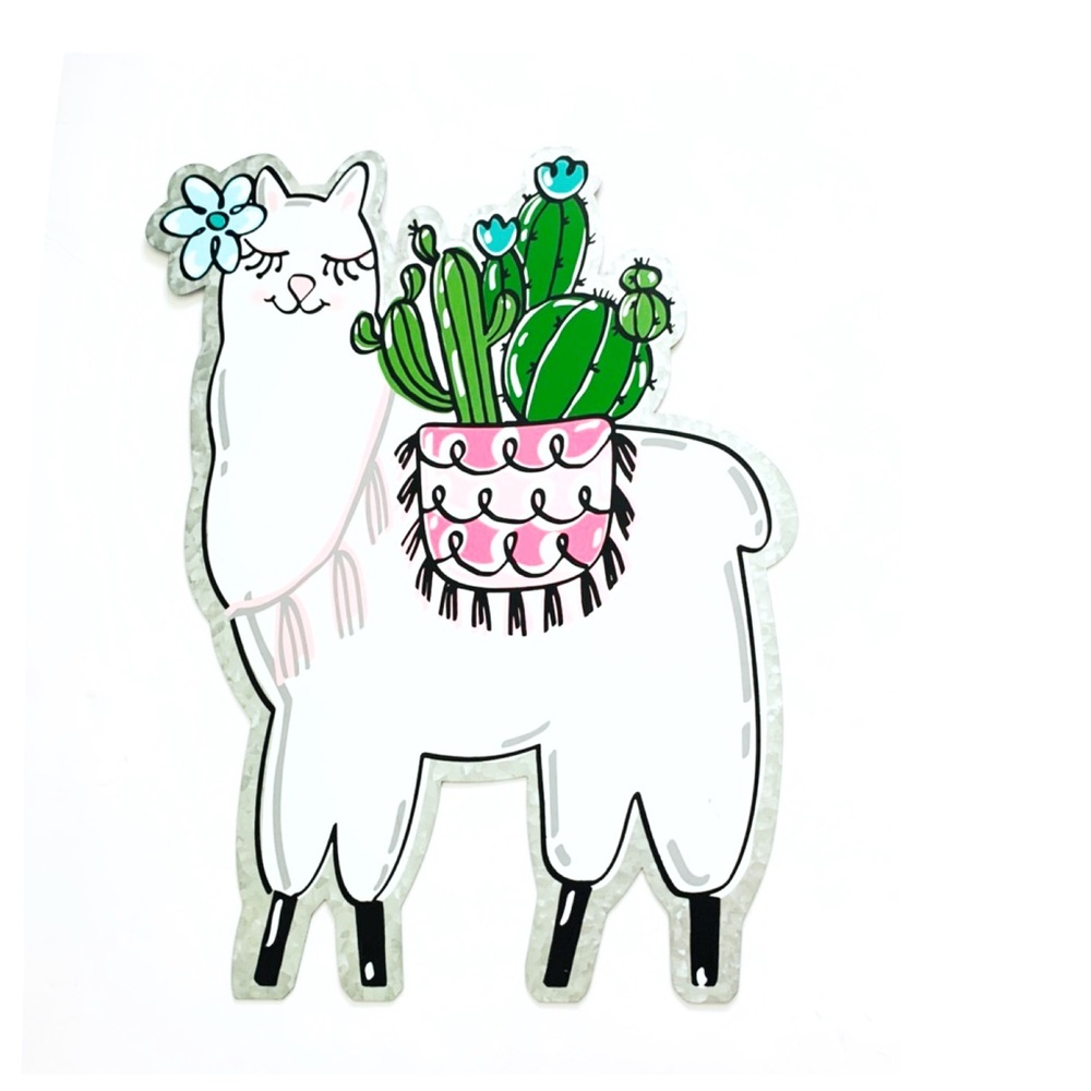 Llama Wall Decor Hanging Art Tin Metal White Pink
